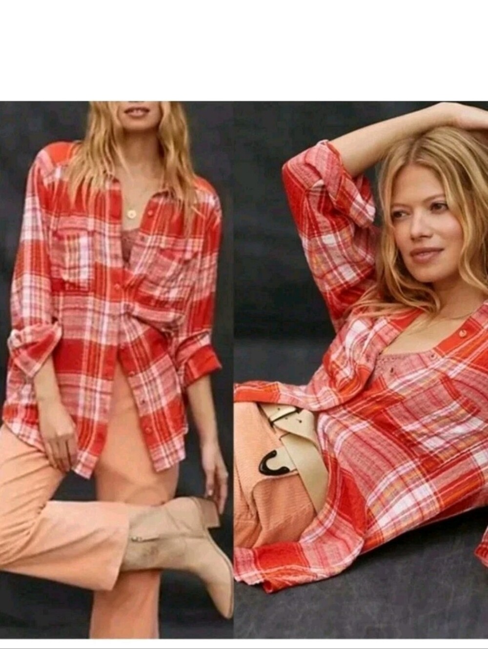Anthropologie PILCRO Orange Button Front Plaid Shirt Top  98.00